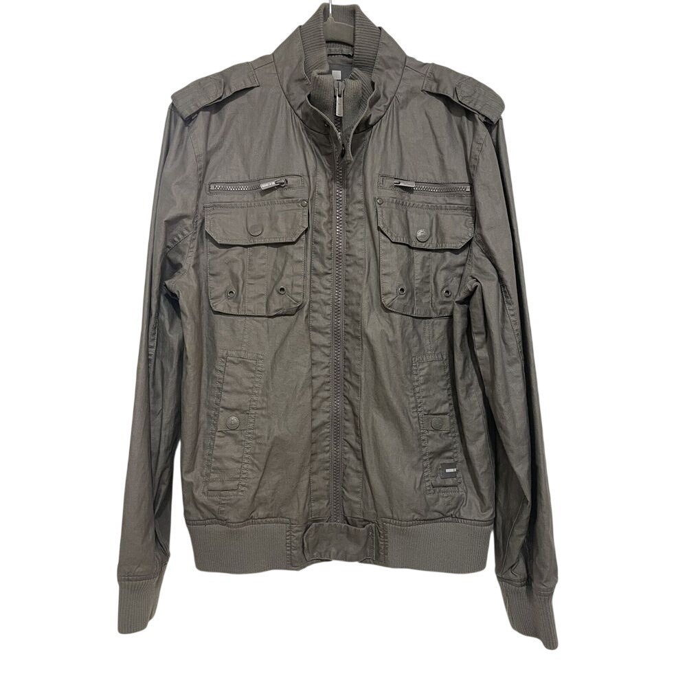 Buffalo Military Field Jacket Mens M Grey Linen Blend Full Zip Lightweight NWT
